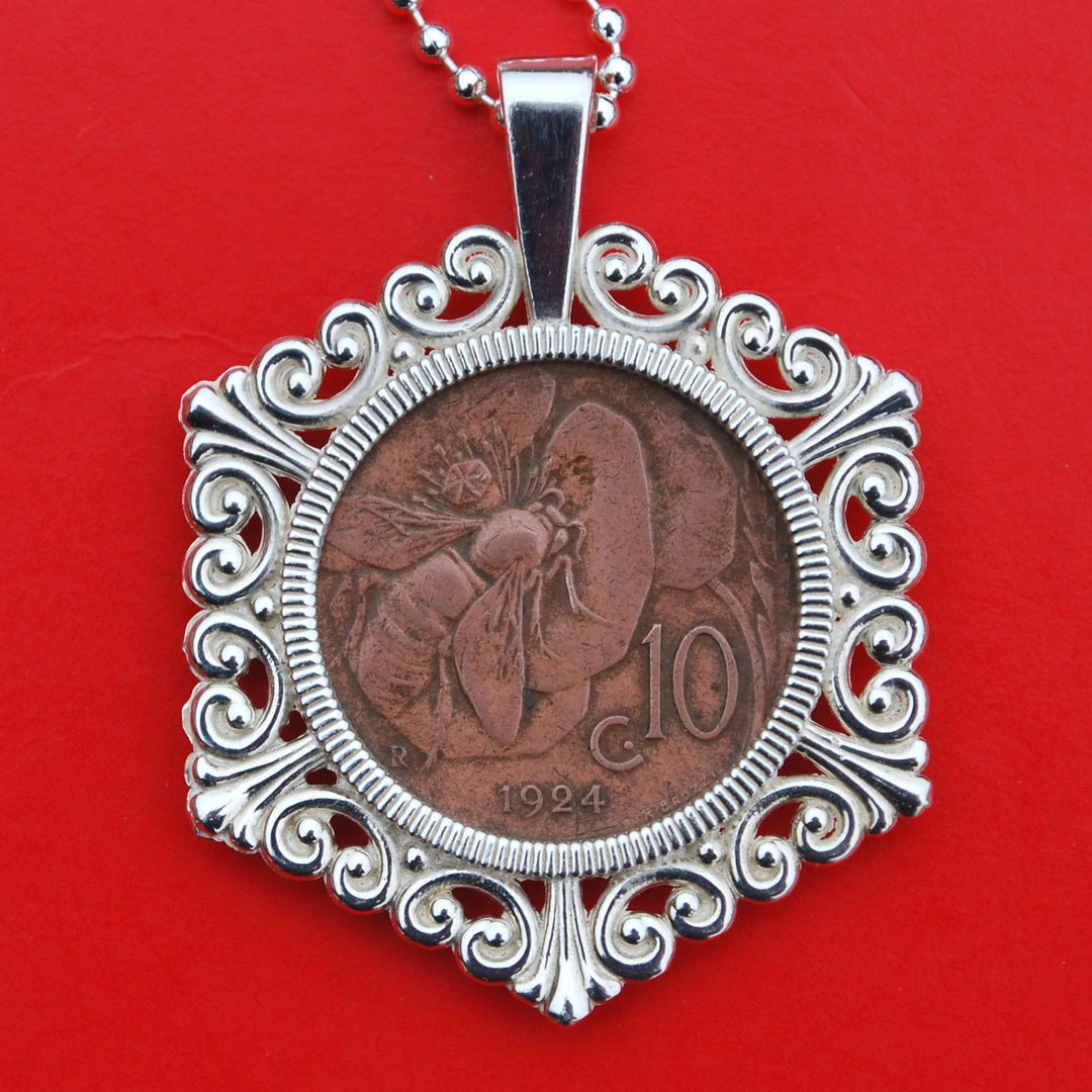 1924年イタリア10センテシミ銅貨925スターリングシルバーネックレス
