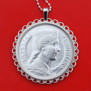 1931 Latvia 5 LATI 84% Silver Coin 925 Sterling Silver Necklace NEW - Maiden&#39;s Head Facing Right in Stylized Folk Costume