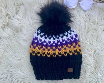 Hat for Boys or Girls. Fair Isle winter hat. Adult knit hat. Toddler hat. Child hat with pom pom. knit hat.Black and purple hat. Raven inspo