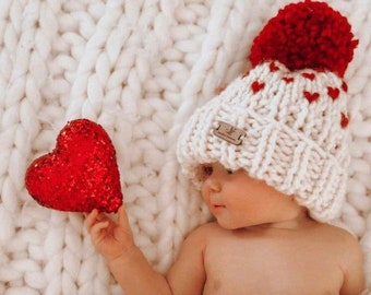 Ready to ship Double brim Ivory and  Red mini heart hat. Baby and toddler heart hat. Black with red heart hat.Lover baby hat