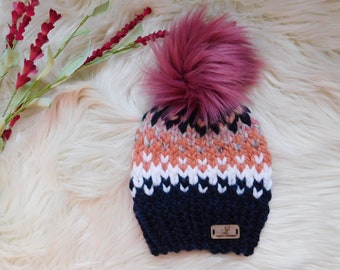 Hat; Coral Colored Hat; White Crochet Flower Embellishment; Photo Prop Hat 12-24 Months Toddler Diagonal Stitch Hat; Hand Knit Toddler