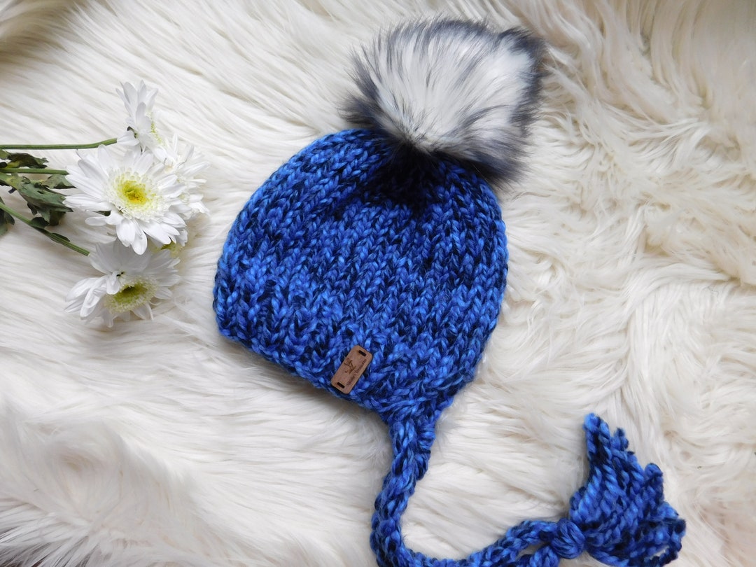 Ready to Ship Hat With Braids. Blue Knitted Hat With Pom Pom. One of a