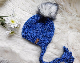 Ready to ship hat with braids. Blue knitted hat with pom pom. One of a kind child hat. Keep hat on baby
