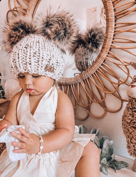 Cream - Double Pom Baby Trapper Hat (0mths-2yrs)