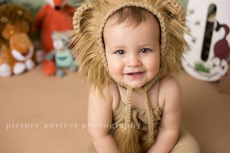 May include: A smiling baby wearing a tan lion costume, including a furry hood with braided trim and a matching jumpsuit. The background includes stuffed animals and the text "picture perfect photography".