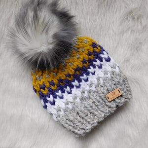 Hat for Boys or Girls. Fair Isle winter hat. Infant cap. Toddler hat. Child hat with pom pom. knit hat.Purple and grey hat