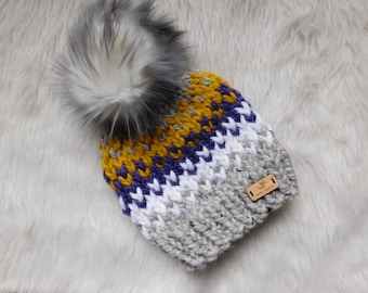 Hat for Boys or Girls. Fair Isle winter hat. Infant cap. Toddler hat. Child hat with pom pom. knit hat.Purple and grey hat