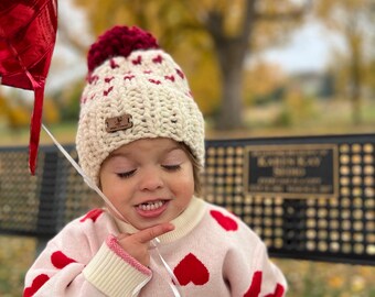 Ready to ship Toddler Red mini heart knit hat. Gift for kids. Marching family hats.Love hat. Red hearts hats