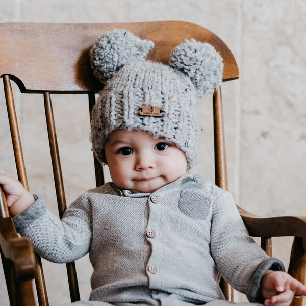 Cute Bear Pom-Pom Baby Winter Cap – Soft Knit Warm Hat (Grey)