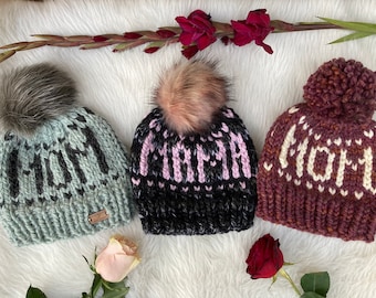 Ready to ship Knitted MAMA hat. Winter women hat. Gift for new mamas. Knit Mama Bear knit hat. Mom hats