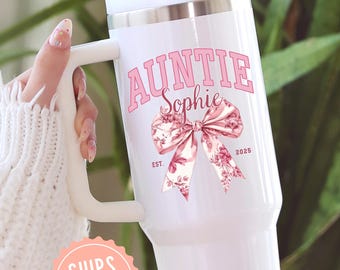 Custom Auntie Tumbler With Name Gift for Auntie Birthday Personalized Aunt Tumbler with Handle New Auntie Gift future aunt bestie reveal cup