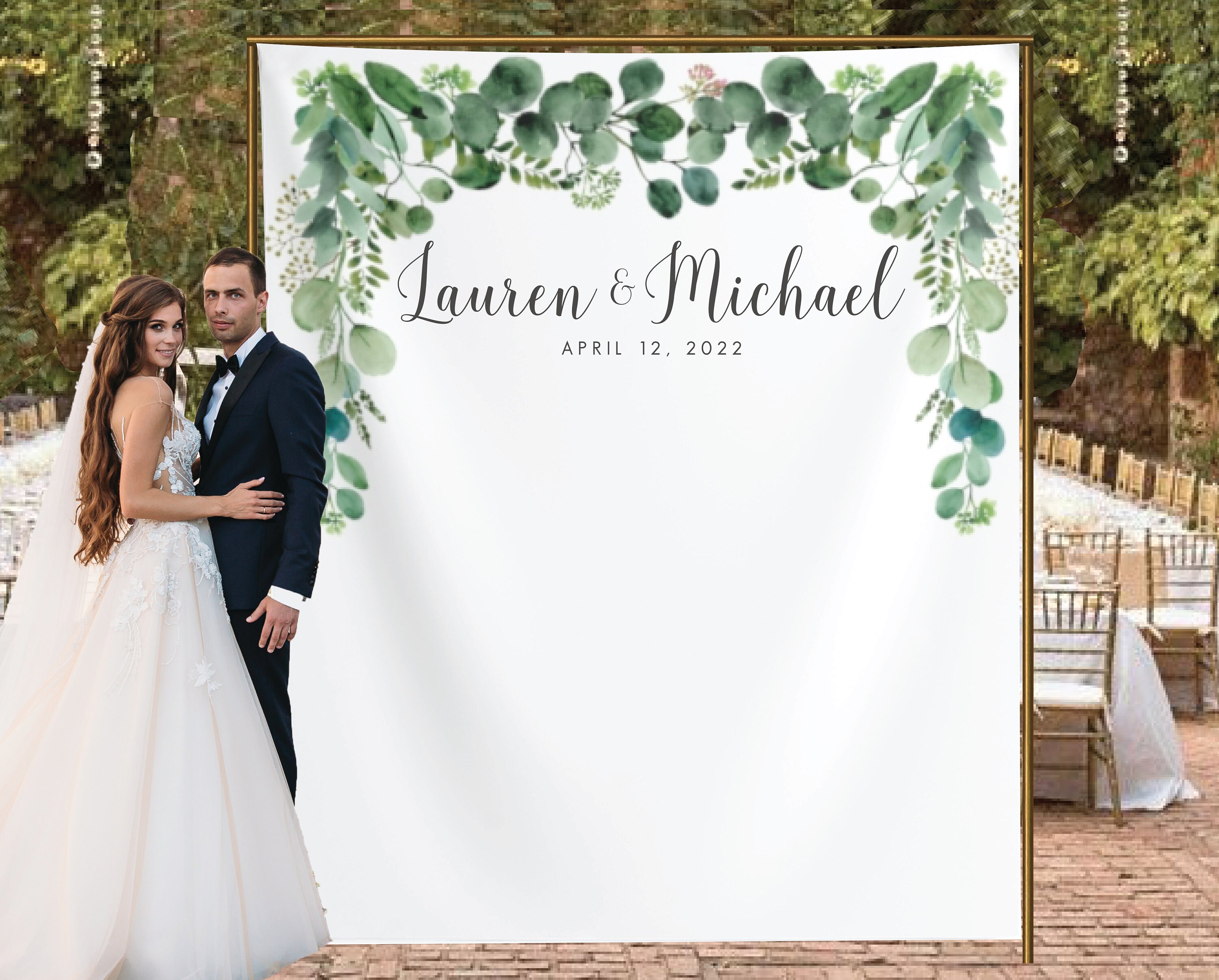 Greenery & Gold Wedding Backdrop, Custom Wedding Backdrop, Boho Photo Booth, Personalized Leaves