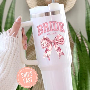Bride tumbler with handle personalized mrs 40 oz tumbler mug new bride to be engagement tumbler bridal shower custom wedding gift travel mug