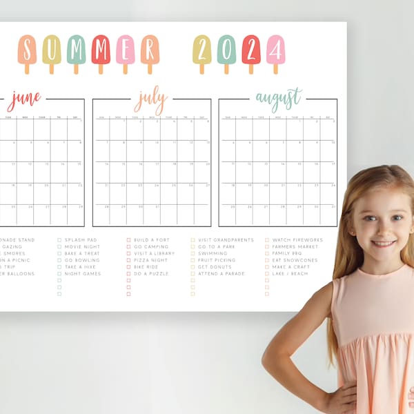 Summer Calendar Bucket List Activity Poster 2024, Summer Countdown Poster, Summer Family Kid 2024. Kids Summer, Poster Print, Month vacation