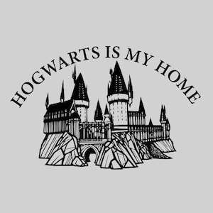 May include: Black and white illustration of Hogwarts castle with the text "Hogwarts is my home" in a circle around the castle.