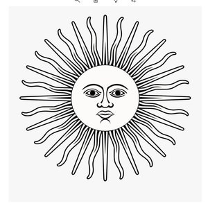 Puede incluir: Una ilustración en blanco y negro del Sol con una cara humana. El Sol tiene una cara circular con una expresión seria y está rodeado de 16 rayos.