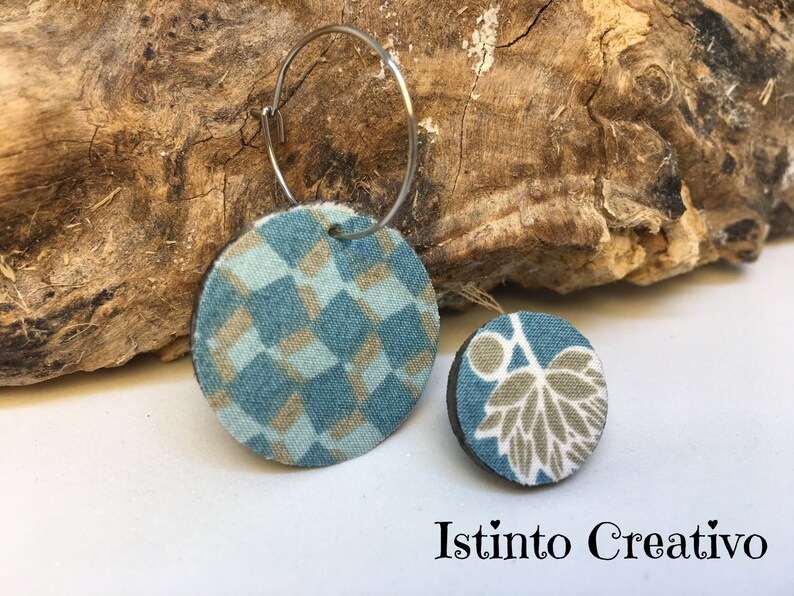 Three earrings you can choose wich one you wear. Wood and recycled fabric earrings