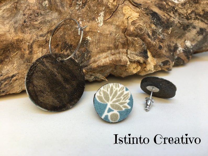 Three earrings you can choose wich one you wear. Wood and recycled fabric earrings