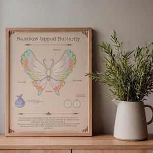 Palia-inspirerat regnbågsfjärilstryck, mysig insektsdesign, vetenskaplig stil, mjuk neutral väggkonst för spelare och naturälskare