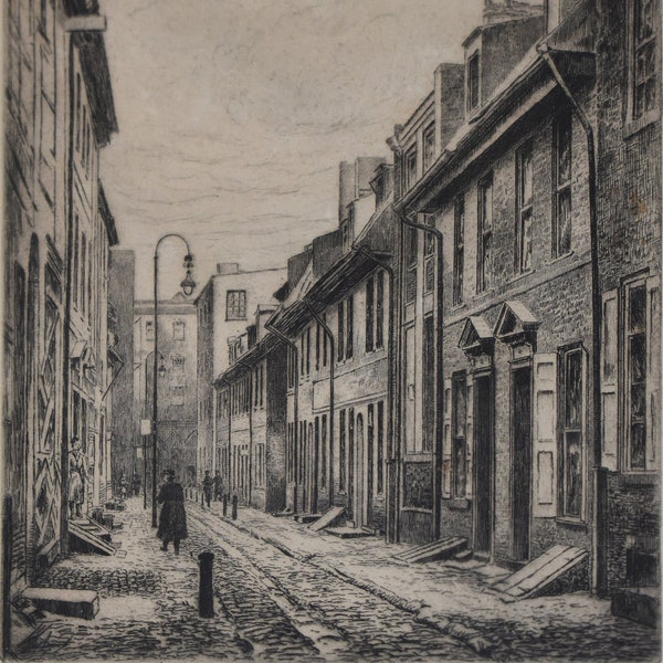 James H. Fincken Signed Lim.Ed Etching-Elfreth’s Alley, Cherry Street, Old City Philadelphia