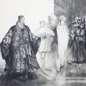 May include: A detailed black and white etching depicts a historical scene. A man in an ornate robe stands prominently, while other figures in period clothing are in the background. The artwork has a classical, almost theatrical feel.