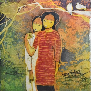 Lee Long Looi-Two Malaysian Girls and Doves-Signed Batik on Rice Paper