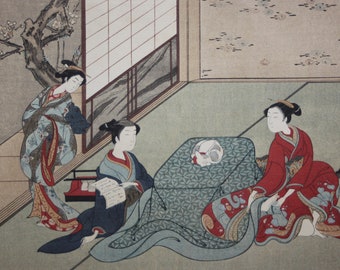 Harunobu Suzuki Pair of Japanese Woodblocks-Beauty at Kotatsu & Mutual Umbrella