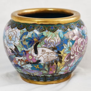 Vintage Chinese Cloisonné Vase-Cranes, Blue Bird, Multicolor Lotus Flowers
