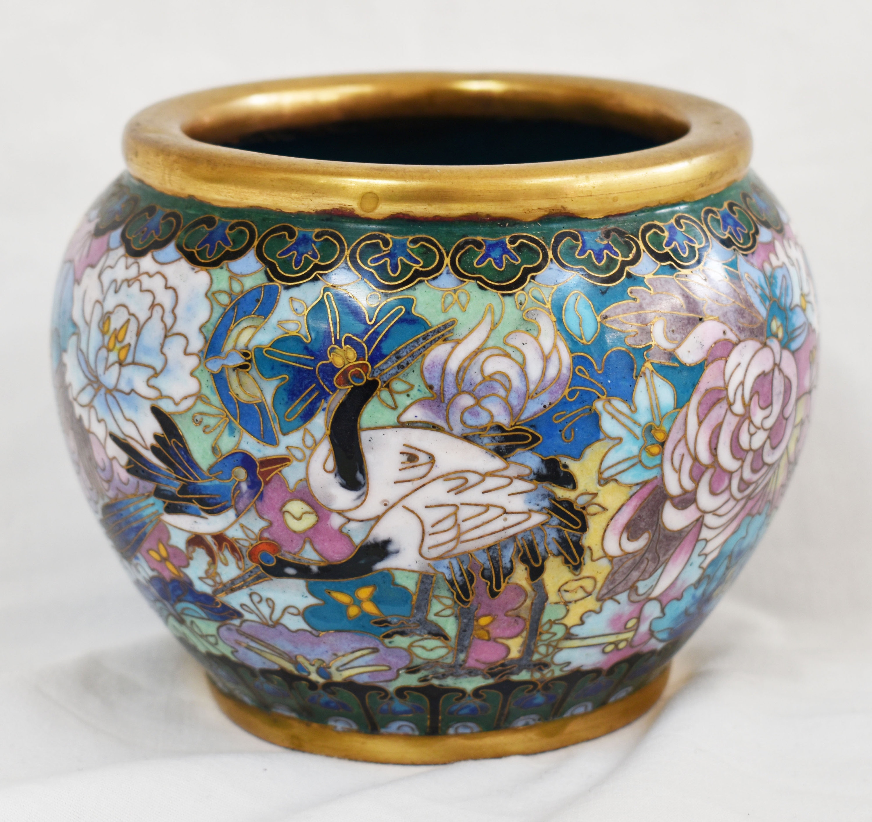 ヴィンテージ中国七宝花瓶-鶴、青い鳥、多色の蓮の花 - Etsy 日本