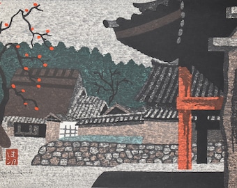 Kiyoshi Saito Signed Japanese Woodblock Print-Horyu-ji Temple & Persimmon Tree