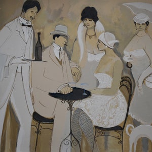 Isaac Maimon Signed Limited Edition Art Deco Style Serigraph-Paris/French Cafe Scene with White Cat