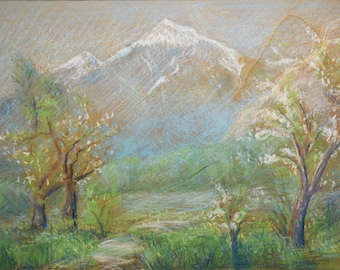 E.R. Douglas Signed Original Vintage Pastel-Impressionist Snow-Capped Mountain and Flowering Trees
