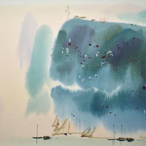 裴天林署名入り中国水彩画／水墨画 - 水景と青い崖