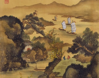 Langtian firmó su obra "Veleros y vista del río Fengjiang", pintada en Hong Kong.