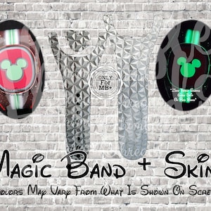 May include: Two MagicBand+ skins, one with a green Mickey Mouse head on a black background and the other with a white geometric pattern. The text "ONLY For MB+" is visible on the skin with the geometric pattern. The text "*COLORS MAY VARY FROM WHAT IS SHOWN ON SCREEN*" is visible at the bottom of the image.