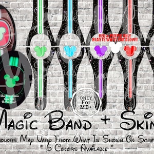 May include: Five different MagicBand+ skins featuring Mickey Mouse ears in various colors, including green, blue, purple, red, and white. The text "RED & PURPLE ONLY HEAD IS WAIT FOR GLOW!!" is visible on one of the skins. The text "ONLY For MB+" is visible on a separate sticker. The text "MAGIC BAND + SKINS" is visible at the bottom of the image. The text "*COLORS MAY VARY FROM WHAT IS SHOWN ON SCREEN*" is visible below the text "MAGIC BAND + SKINS". The text "*5 COLORS AVAILABLE*" is visible below the text "*COLORS MAY VARY FROM WHAT IS SHOWN ON SCREEN*".