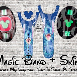 May include: Two MagicBand skins featuring Stitch from Lilo & Stitch. One skin is blue with a watercolor effect and the other is black with green accents. The text "ONLY For MB+" is visible on the blue skin. The text "Lilo & Stitch" and "Ohana Means Family" is visible on the black skin.