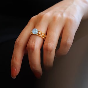 Natural Aquamarine,Open Band Ring,Gemstone Ring,March Birthstone,Retro High-End Statement Jewelry,Sterling Silver with Gold Plating