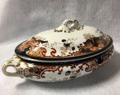 Booths quot Silicon China quot England Lucania Pattern Oval Vegetable Dish w Lid, Covered Vegetable Dish, Imari Style,
