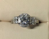 Art Deco Diamond Engagement in Platinum By Birks, Centre Stone 0.93 carat ,Approx Total Ct. Weight 1.80 ct. Half Moon Diamonds, Antique Ring
