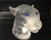 Vintage Saint Louis French Crystal Leopard Head Paper Weight with Blue Eyes Rare St Louis Crystal,