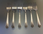 Vintage FIESTA by Rogers 1935 Oneida Triple, Fiesta 1935 Salad Forks 6 1 2 Inch Silverplate Forks, 1881 R Rogers R Triple , Set of Six