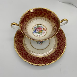 AYNSLEY England Bone China Two Handle Cream Soup Bowl & Under plate COVENTRY DECO Pattern #7840