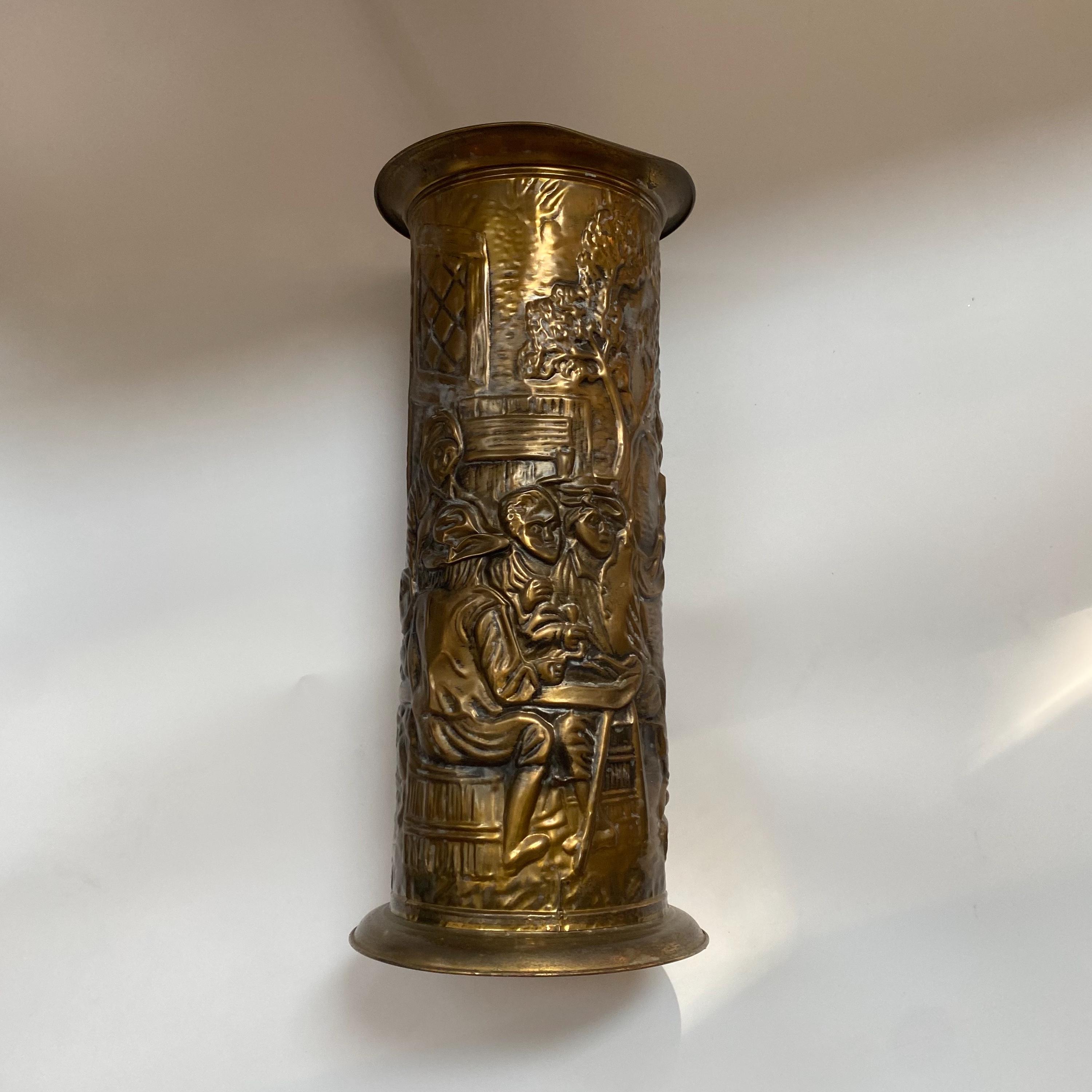 Vintage Brass Umbrella Stand: Embossed Tavern Scene, Made in