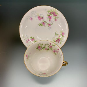 Peut inclure: Service à thé blanc avec motif floral. La tasse et la soucoupe ont une bordure dorée et un motif de fleurs roses et de feuilles vertes. La tasse a une anse dorée.