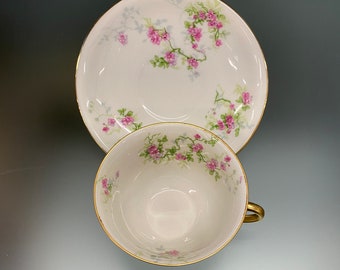 Limoges France Tea Cup and Saucer, Pink Flowers Green Garland Laurel Gold Gilt Limoges France 1930