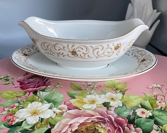 Vintage Rose China Gravy Boat: Brenham Mustard Flowers & Gold Trim