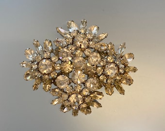 Sherman Brooch: Vintage Clear Rhinestone Floral Brooch, Mid-Century Design