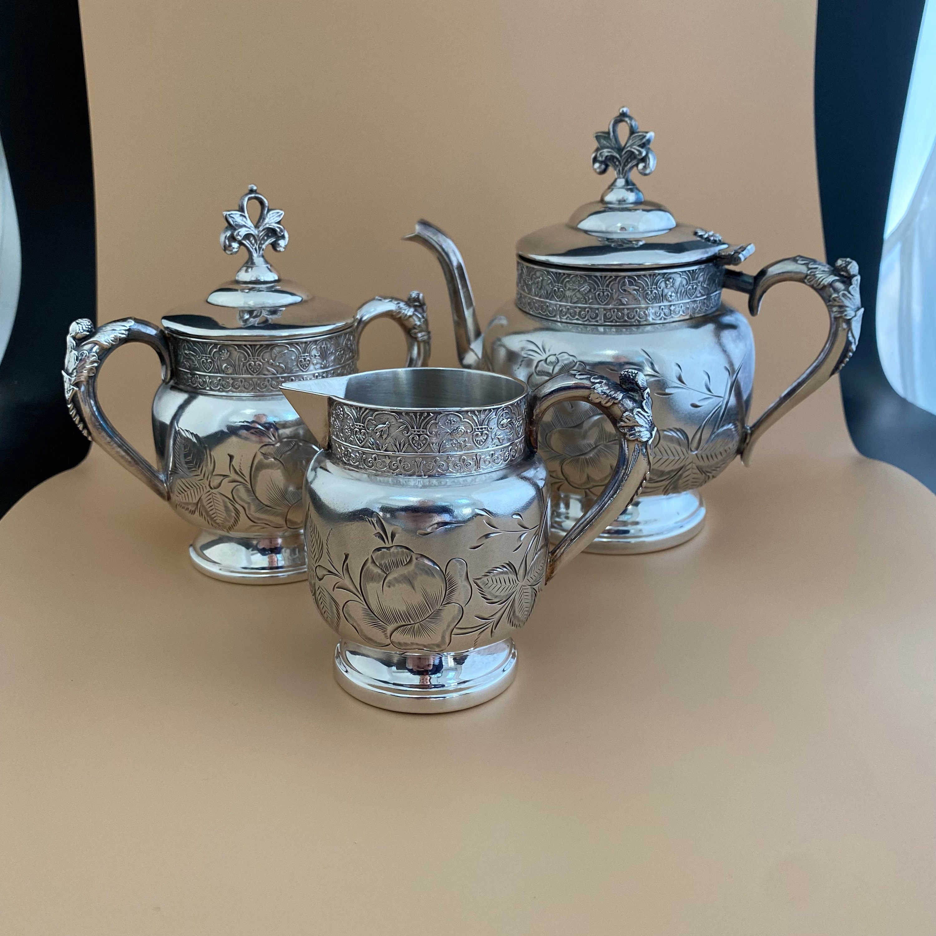 Victorian Silver Plated Tea Set, J A Babcock, Etched Floral Design