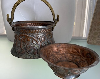 Antique Greek Copper Cauldron: Hand-Embossed Floral Design, Dovetail Seam
